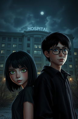 A girl with shoulder-length black hair, striking green eyes, exuding a rocker appearance, stands next to a taller boy with blue eyes wearing glasses, displaying a nerdy vibe