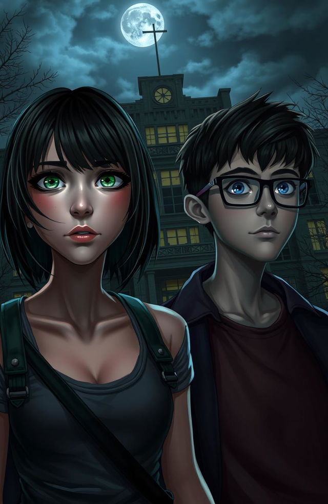 A girl with shoulder-length black hair, striking green eyes, exuding a rocker appearance, stands next to a taller boy with blue eyes wearing glasses, displaying a nerdy vibe