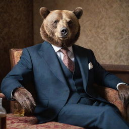 A sophisticated bear adorned in a well-tailored suit, comfortably lounging in a traditional Iranian settin, merrily sipping an aged whiskey.