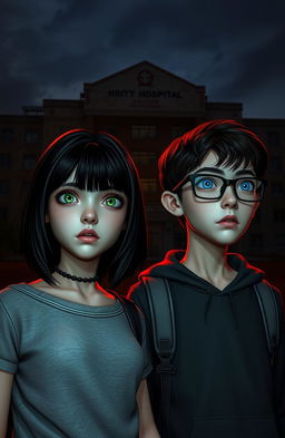 A girl with shoulder-length black hair, striking green eyes, exuding a rocker appearance, stands next to a taller boy with blue eyes wearing glasses, displaying a nerdy vibe