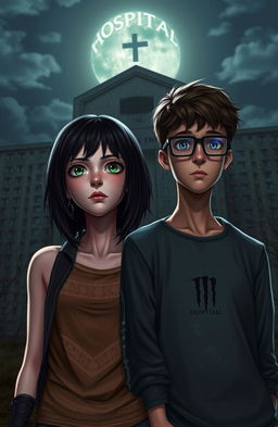 A girl with shoulder-length black hair, striking green eyes, exuding a rocker appearance, stands next to a taller boy with blue eyes wearing glasses, displaying a nerdy vibe