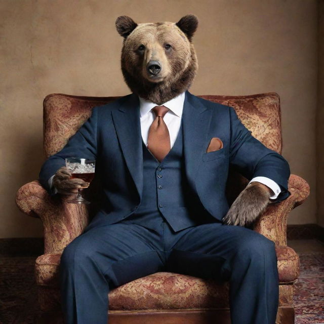 A sophisticated bear adorned in a well-tailored suit, comfortably lounging in a traditional Iranian settin, merrily sipping an aged whiskey.