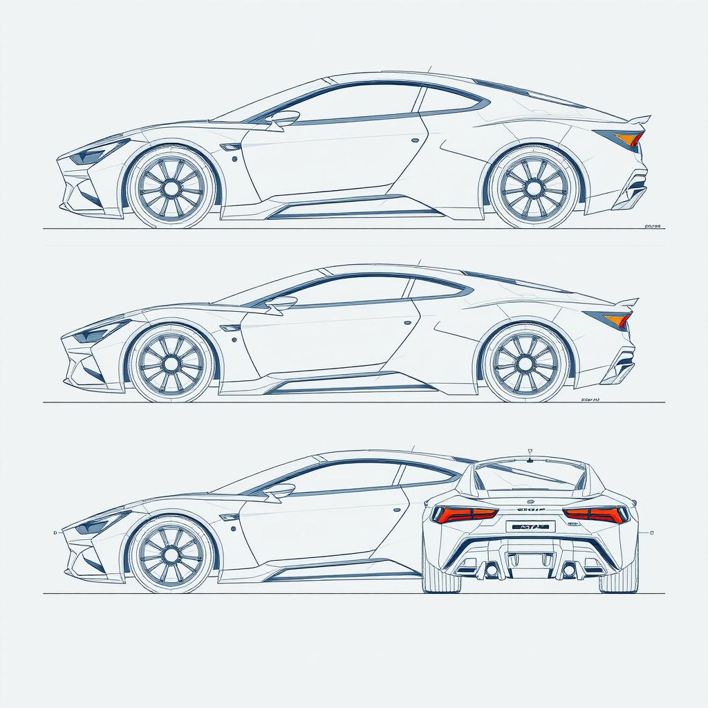 A detailed blueprint of a futuristic body for a car, showcasing various angles, including a top view, side view, front view, and rear view