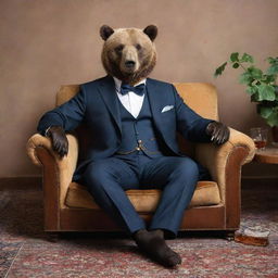 A sophisticated bear adorned in a well-tailored suit, comfortably lounging in a traditional Iranian settin, merrily sipping an aged whiskey.