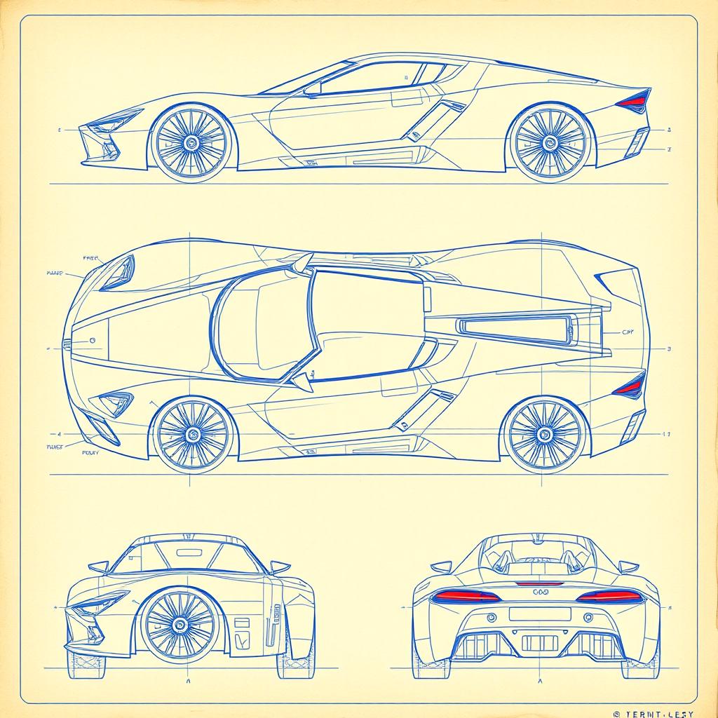 A detailed blueprint of a futuristic body for a car, showcasing various angles, including a top view, side view, front view, and rear view