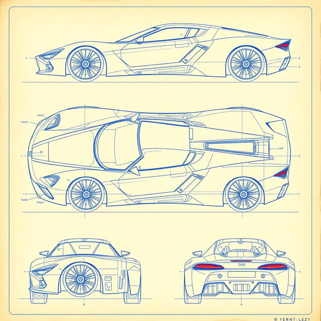 A detailed blueprint of a futuristic body for a car, showcasing various angles, including a top view, side view, front view, and rear view