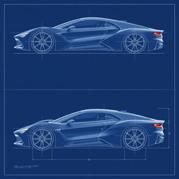 A detailed blueprint of a futuristic body for a car, showcasing various angles, including a top view, side view, front view, and rear view