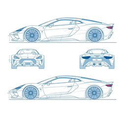 A detailed blueprint of a futuristic body for a car, showcasing various angles, including a top view, side view, front view, and rear view