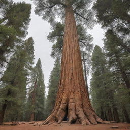 A scale comparison of the largest and tallest tree, the majestic Sequoia named General Sherman, alongside a normal-sized human. The human figure, dwarfed by the immensity of the tree, underscores the sheer scale and grandeur of this natural giant.