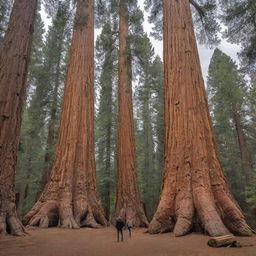 A scale comparison of the largest and tallest tree, the majestic Sequoia named General Sherman, alongside a normal-sized human. The human figure, dwarfed by the immensity of the tree, underscores the sheer scale and grandeur of this natural giant.