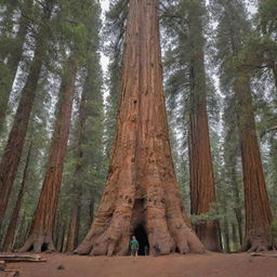 A scale comparison of the largest and tallest tree, the majestic Sequoia named General Sherman, alongside a normal-sized human. The human figure, dwarfed by the immensity of the tree, underscores the sheer scale and grandeur of this natural giant.