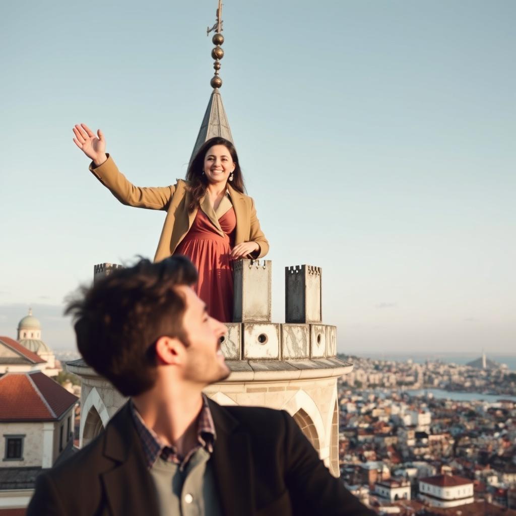 A woman standing atop the historic Galata Tower, joyfully waving her hand