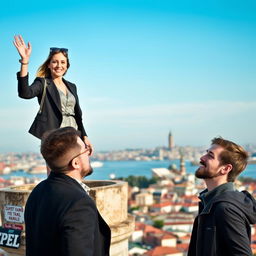 A woman standing atop the historic Galata Tower, joyfully waving her hand