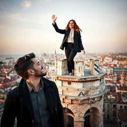 A woman standing atop the historic Galata Tower, joyfully waving her hand