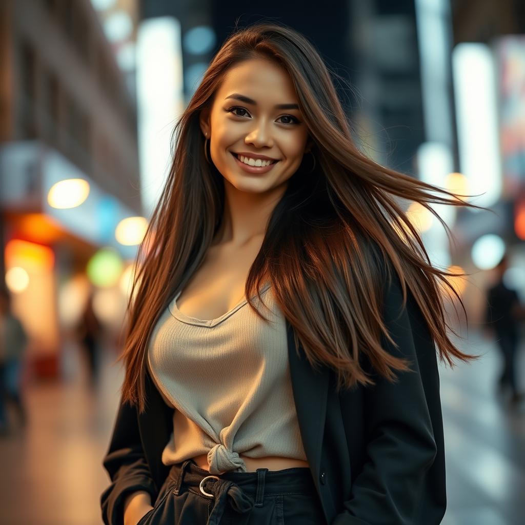 A beautiful young woman with flowing long hair, wearing a fashionable outfit that compliments her figure, standing confidently against a well-lit urban backdrop