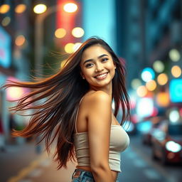 A beautiful young woman with flowing long hair, wearing a fashionable outfit that compliments her figure, standing confidently against a well-lit urban backdrop