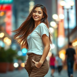 A beautiful young woman with flowing long hair, wearing a fashionable outfit that compliments her figure, standing confidently against a well-lit urban backdrop