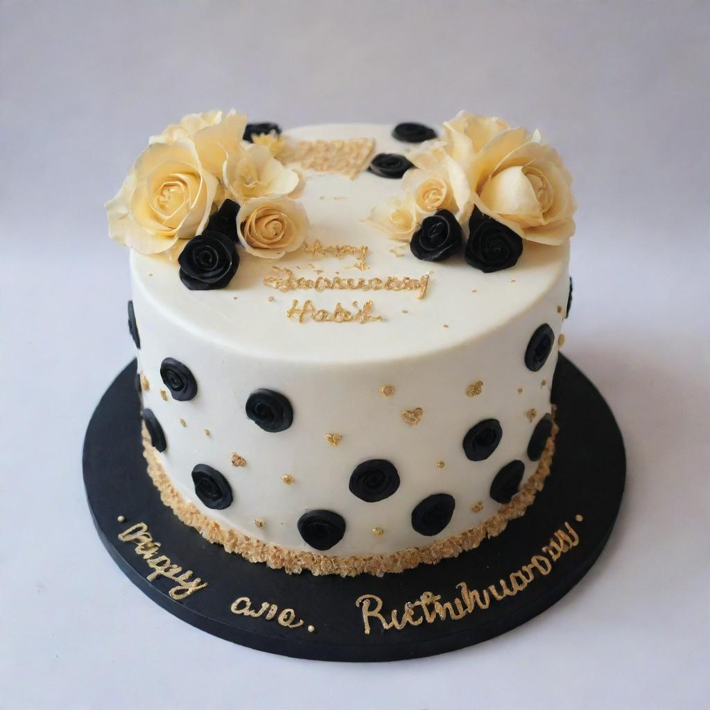 A detailed cake decorated with blacks, whites, and striking golds. The cake features two small hearts side-by-side in the center, filled with tiny sprinkles or edible glitter. Buttercream flowers such as roses or lilies surround the hearts. The phrase 'Happy Anniversary & Happy Birthday Hon' elegantly circles the cake in cursive, with delicate golden piped dots or stars as a final touch.