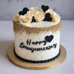 A detailed cake decorated with blacks, whites, and striking golds. The cake features two small hearts side-by-side in the center, filled with tiny sprinkles or edible glitter. Buttercream flowers such as roses or lilies surround the hearts. The phrase 'Happy Anniversary & Happy Birthday Hon' elegantly circles the cake in cursive, with delicate golden piped dots or stars as a final touch.