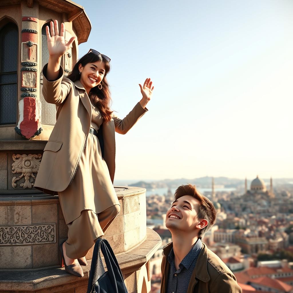 A woman standing atop the Galata Tower, joyfully waving down with a radiant smile