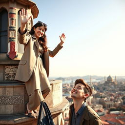 A woman standing atop the Galata Tower, joyfully waving down with a radiant smile