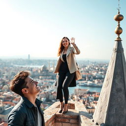 A woman standing atop the Galata Tower, joyfully waving down with a radiant smile