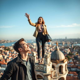 A woman standing atop the Galata Tower, joyfully waving down with a radiant smile