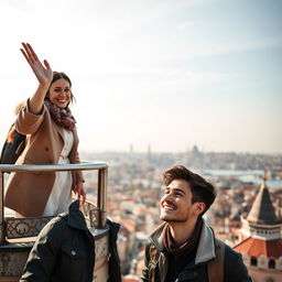 A woman standing atop the Galata Tower, joyfully waving down with a radiant smile