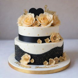 A detailed cake decorated with blacks, whites, and striking golds. The cake features two small hearts side-by-side in the center, filled with tiny sprinkles or edible glitter. Buttercream flowers such as roses or lilies surround the hearts. The phrase 'Happy Anniversary & Happy Birthday Hon' elegantly circles the cake in cursive, with delicate golden piped dots or stars as a final touch.