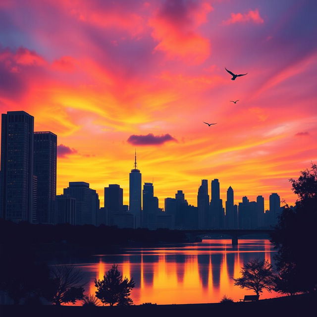 A vibrant city skyline at sunset, featuring a silhouette of tall skyscrapers with illuminated windows