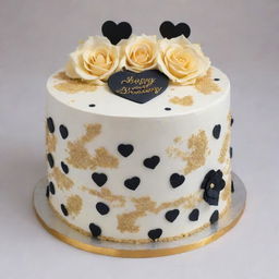 A detailed cake decorated with blacks, whites, and striking golds. The cake features two small hearts side-by-side in the center, filled with tiny sprinkles or edible glitter. Buttercream flowers such as roses or lilies surround the hearts. The phrase 'Happy Anniversary & Happy Birthday Hon' elegantly circles the cake in cursive, with delicate golden piped dots or stars as a final touch.