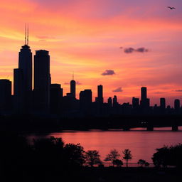 A vibrant city skyline at sunset, featuring a silhouette of tall skyscrapers with illuminated windows