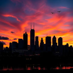 A vibrant city skyline at sunset, featuring a silhouette of tall skyscrapers with illuminated windows