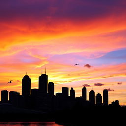 A vibrant city skyline at sunset, featuring a silhouette of tall skyscrapers with illuminated windows