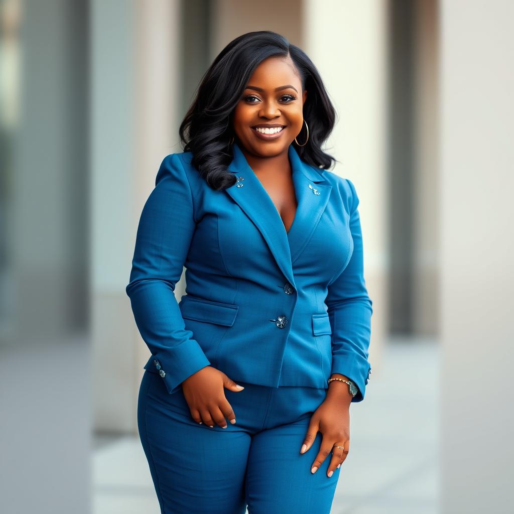 A portrait of a 30-year-old woman with a chubby figure, featuring black hair parted in the middle and dark skin