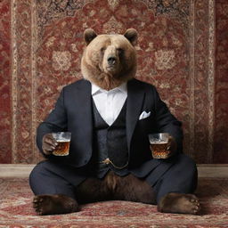 An elegant bear, dressed in a sophisticated suit, sipping whiskey in a traditional Iranian setting, with an intricately-designed Persian carpet hanging gracefully behind it.