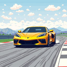 An ultra pixelated representation of a Corvette C8 in a vivid matte gold finish, energetically driving on a pixelated race track