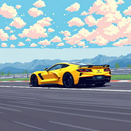 An ultra pixelated representation of a Corvette C8 in a vivid matte gold finish, energetically driving on a pixelated race track