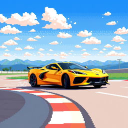 An ultra pixelated representation of a Corvette C8 in a vivid matte gold finish, energetically driving on a pixelated race track