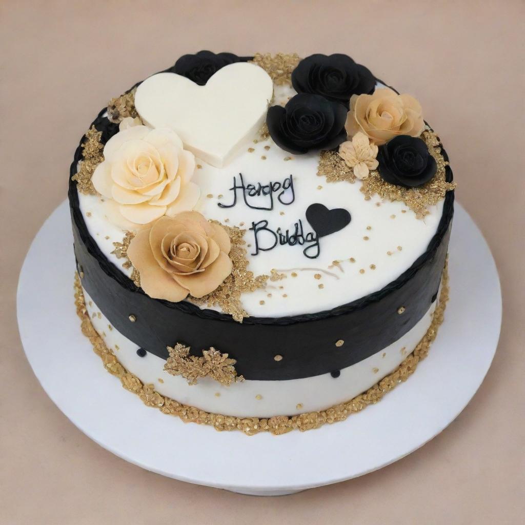 Bento cake styled with an elegant palette of blacks, whites, and golds. Decorations include two hearts piped side by side in the center, sprinkled with glitter. Surrounding the hearts are delicate buttercream flowers. 'Happy Anniversary & Happy Birthday Hon' encircles the edge in cursive. Small golden piped dots or stars add the final glamourous touch.