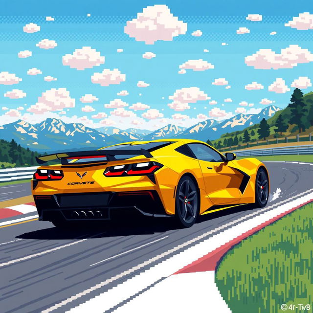 An ultra pixelated representation of a Corvette C8 in a vivid matte gold finish, energetically driving on a pixelated race track