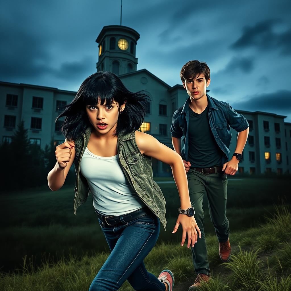 A girl with shoulder-length black hair, showcasing a rocker look, is running alongside a taller boy with a nerdy appearance, both exhibiting expressions of urgency