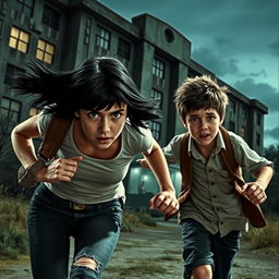 A girl with shoulder-length black hair, showcasing a rocker look, is running alongside a taller boy with a nerdy appearance, both exhibiting expressions of urgency