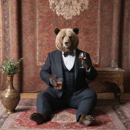 An elegant bear, dressed in a sophisticated suit, sipping whiskey in a traditional Iranian setting, with an intricately-designed Persian carpet hanging gracefully behind it.