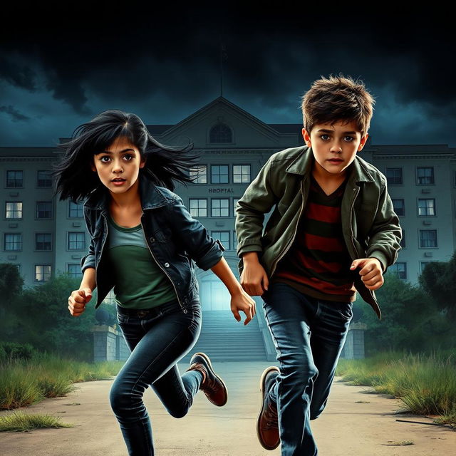 A girl with shoulder-length black hair, showcasing a rocker look, is running alongside a taller boy with a nerdy appearance, both exhibiting expressions of urgency