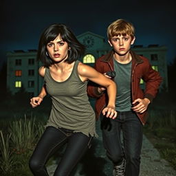 A girl with shoulder-length black hair, showcasing a rocker look, is running alongside a taller boy with a nerdy appearance, both exhibiting expressions of urgency