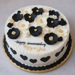 Bento cake styled with an elegant palette of blacks, whites, and golds. Decorations include two hearts piped side by side in the center, sprinkled with glitter. Surrounding the hearts are delicate buttercream flowers. 'Happy Anniversary & Happy Birthday Hon' encircles the edge in cursive. Small golden piped dots or stars add the final glamourous touch.