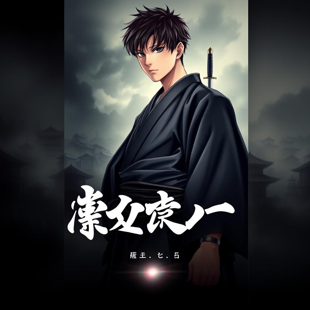 A captivating book cover featuring a young Japanese male character, depicted in traditional samurai attire, standing confidently in a dramatic pose