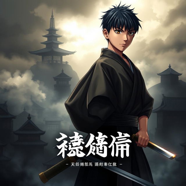 A captivating book cover featuring a young Japanese male character, depicted in traditional samurai attire, standing confidently in a dramatic pose