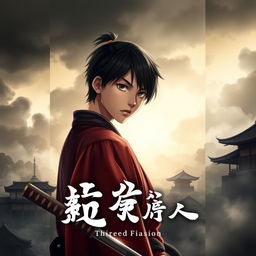 A captivating book cover featuring a young Japanese male character, depicted in traditional samurai attire, standing confidently in a dramatic pose